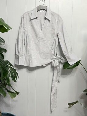 #18)  East 5th White and Black Striped Wrap Button-Down Shirt